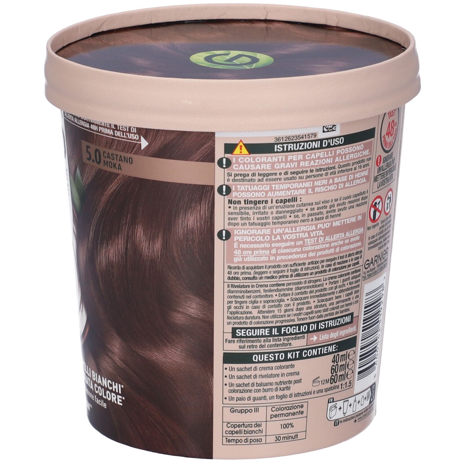 Retro della confezione della colorazione Garnier Good. Istruzioni, ingredienti e avvertenze. Vegano.