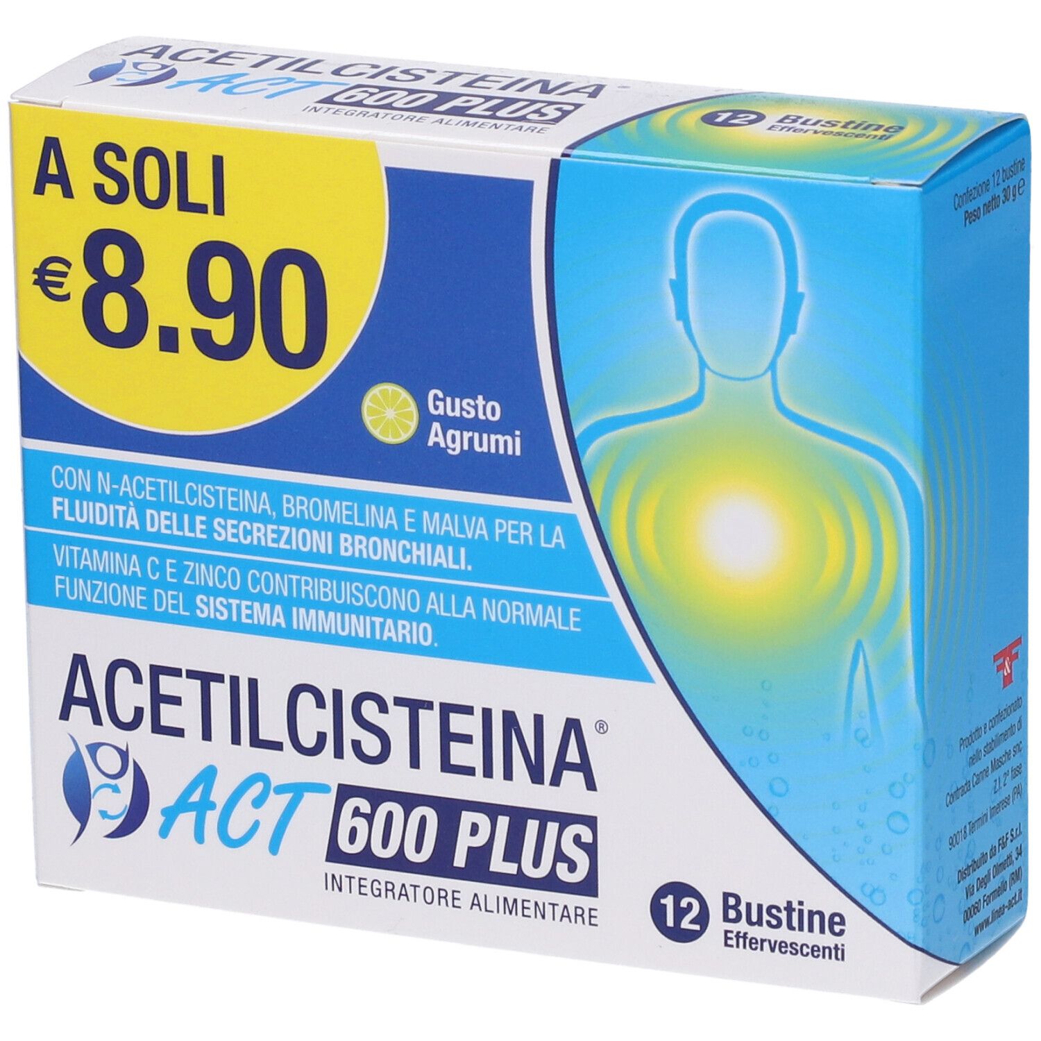 Scatola con nome del prodotto e prezzo. Contiene 12 bustine. Gusto limone. Tonalità blu e gialle.