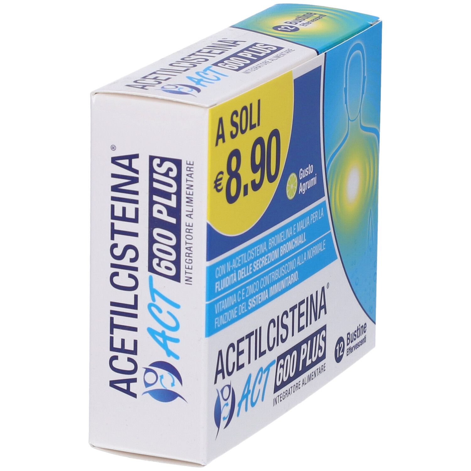 Confezione del prodotto, bianca con accenti blu. Contiene nome del prodotto e prezzo. 12 bustine.