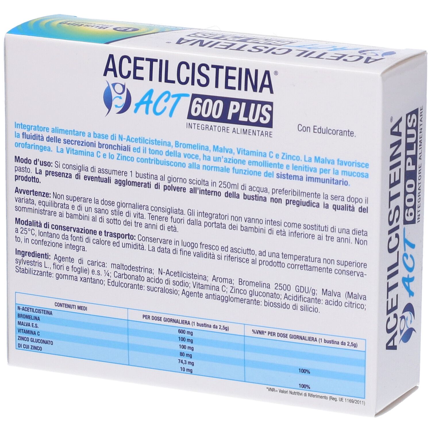 Confezione del prodotto con informazioni sugli ingredienti e del produttore. Contiene 12 bustine. Testo in italiano.