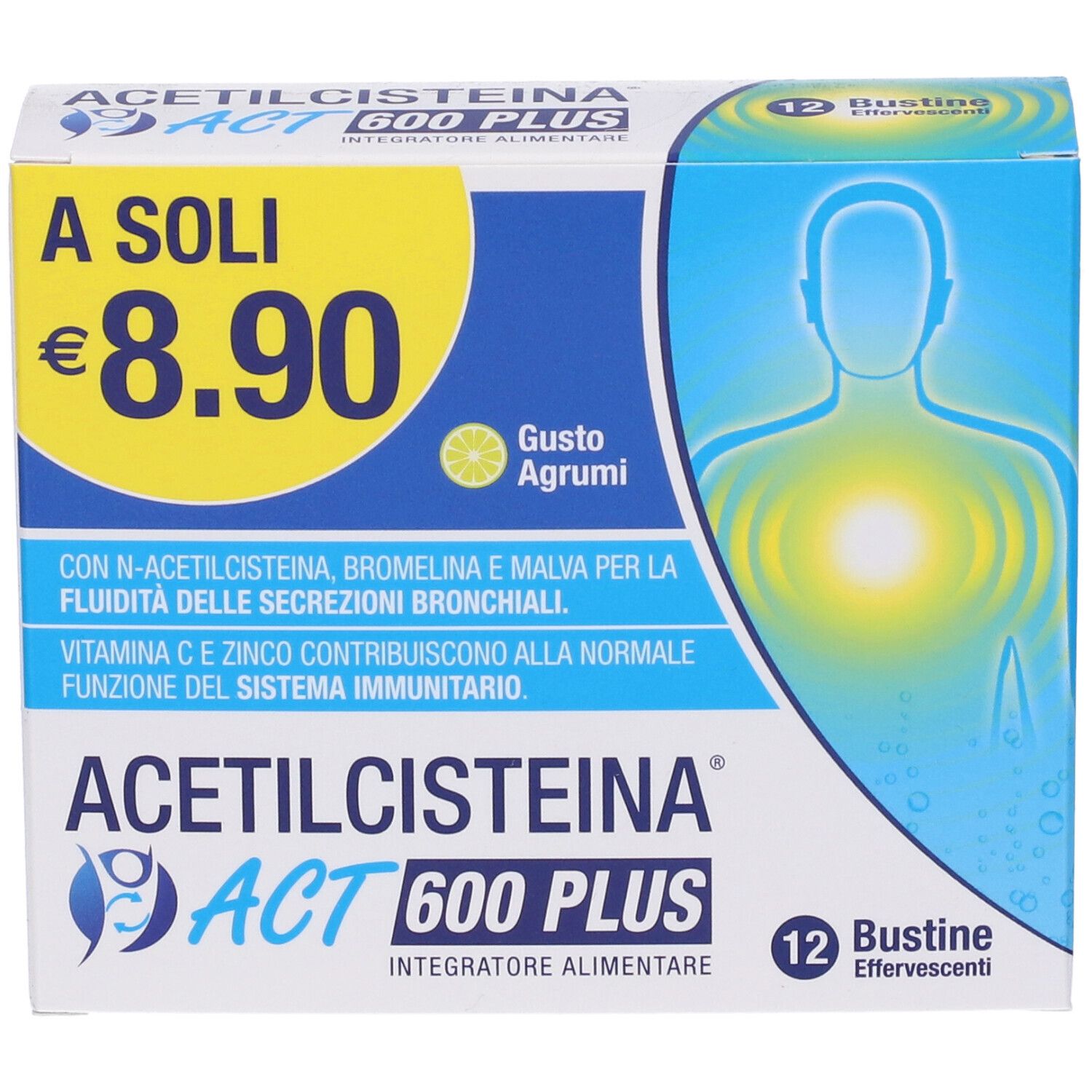 Confezione del prodotto con nome e prezzo. Contiene 12 bustine. Gusto limone. Tonalità blu e gialle.