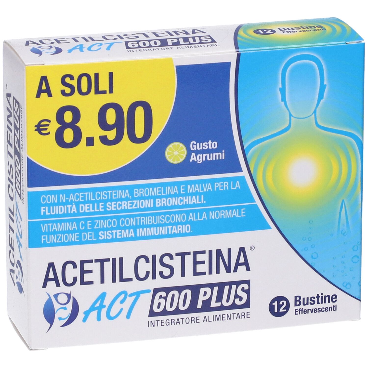 Confezione del prodotto con nome e prezzo. Contiene 12 bustine. Gusto limone. Tonalità blu e gialle.