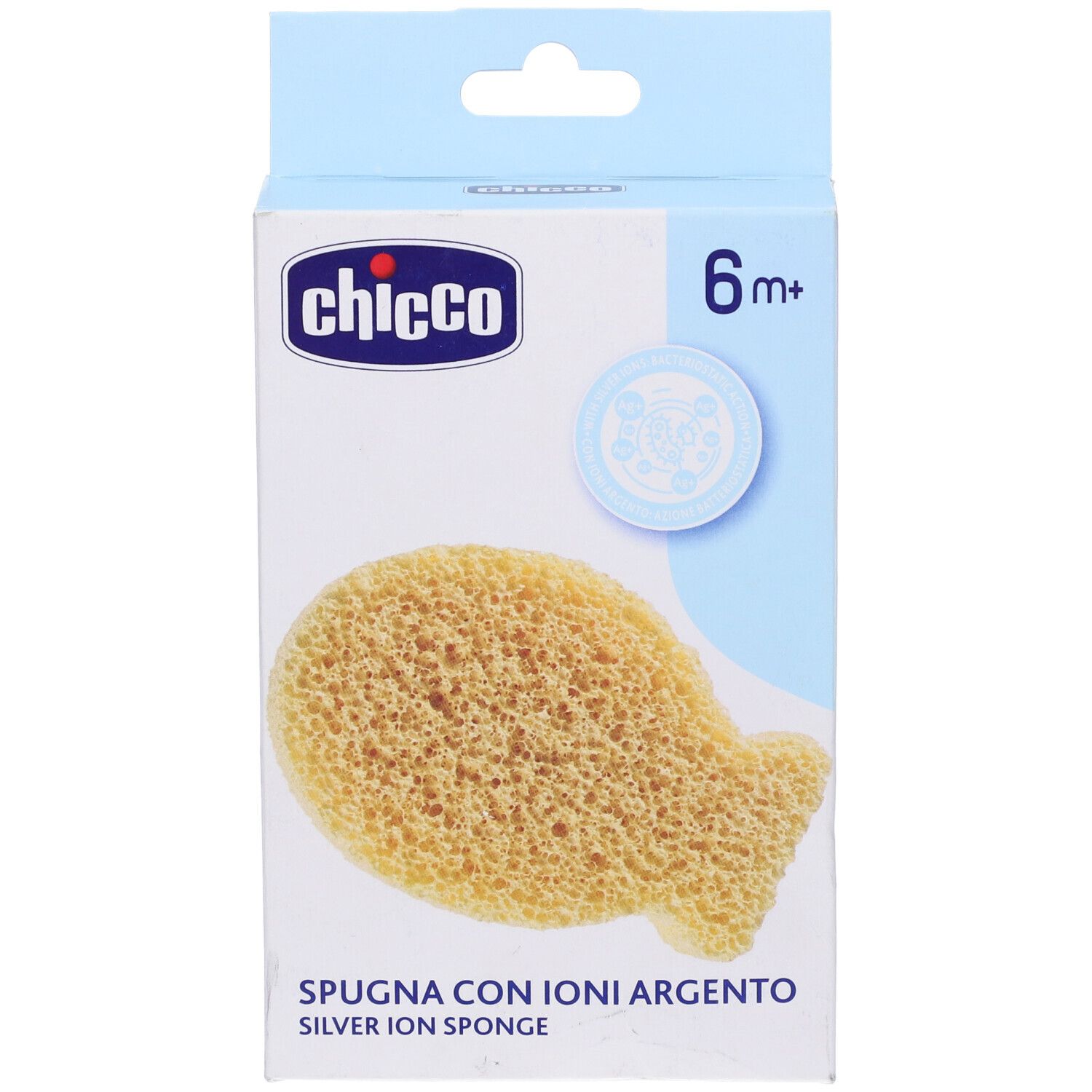 Verpackung mit Schwamm. Fischförmiger Schwamm, hellgelb. Marke Chicco. Text: Spugna con Ioni Argento, 6m+.