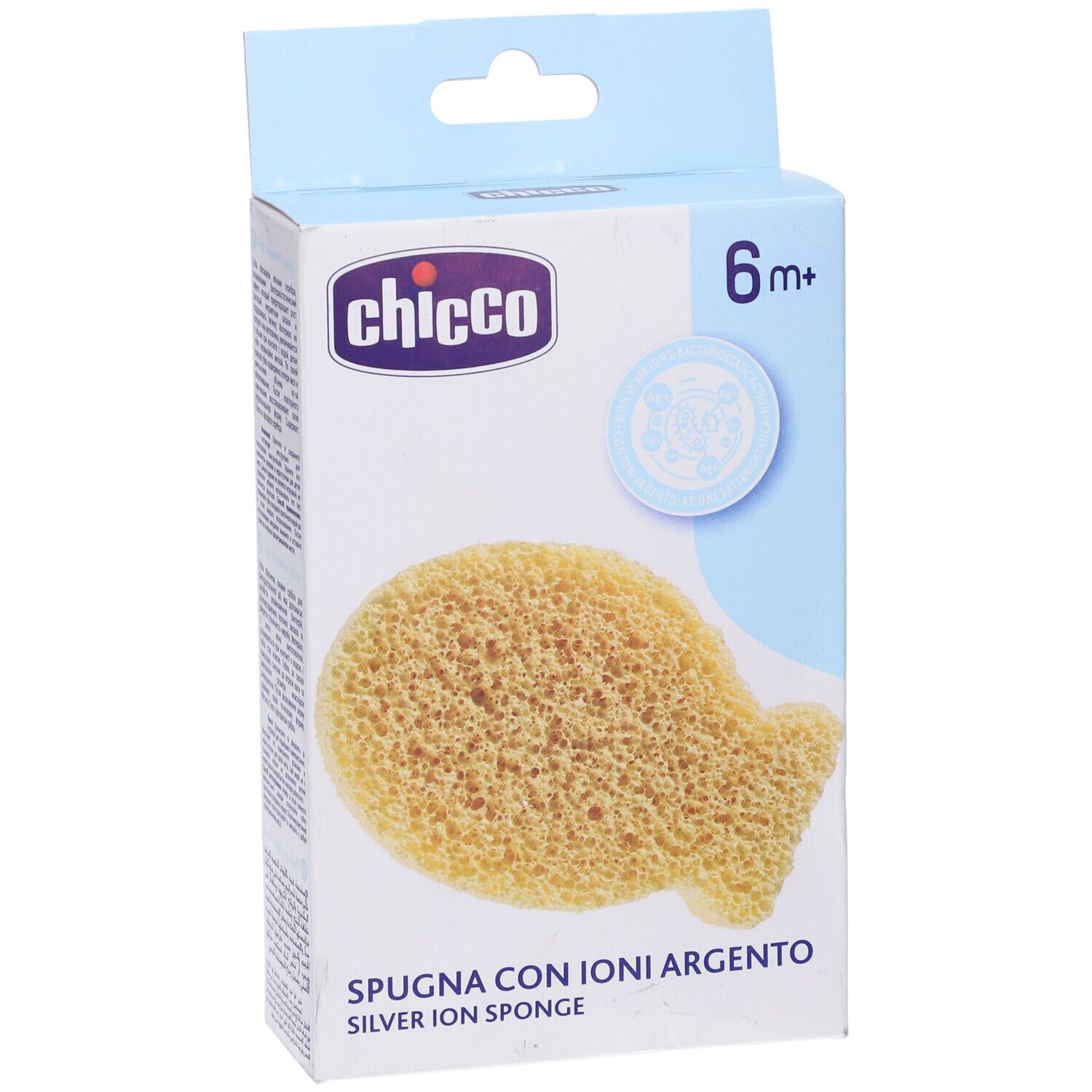 Verpackung mit Schwamm. Fischförmiger Schwamm, hellgelb. Marke Chicco. Text: Spugna con Ioni Argento, 6m+.