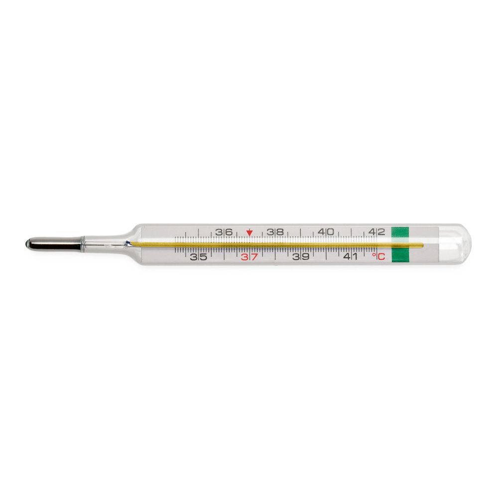 Glasthermometer mit Skala von 35 bis 42 Grad Celsius. Enthält eine grüne Markierung. Das Thermometer ist horizontal ausgerichtet.
