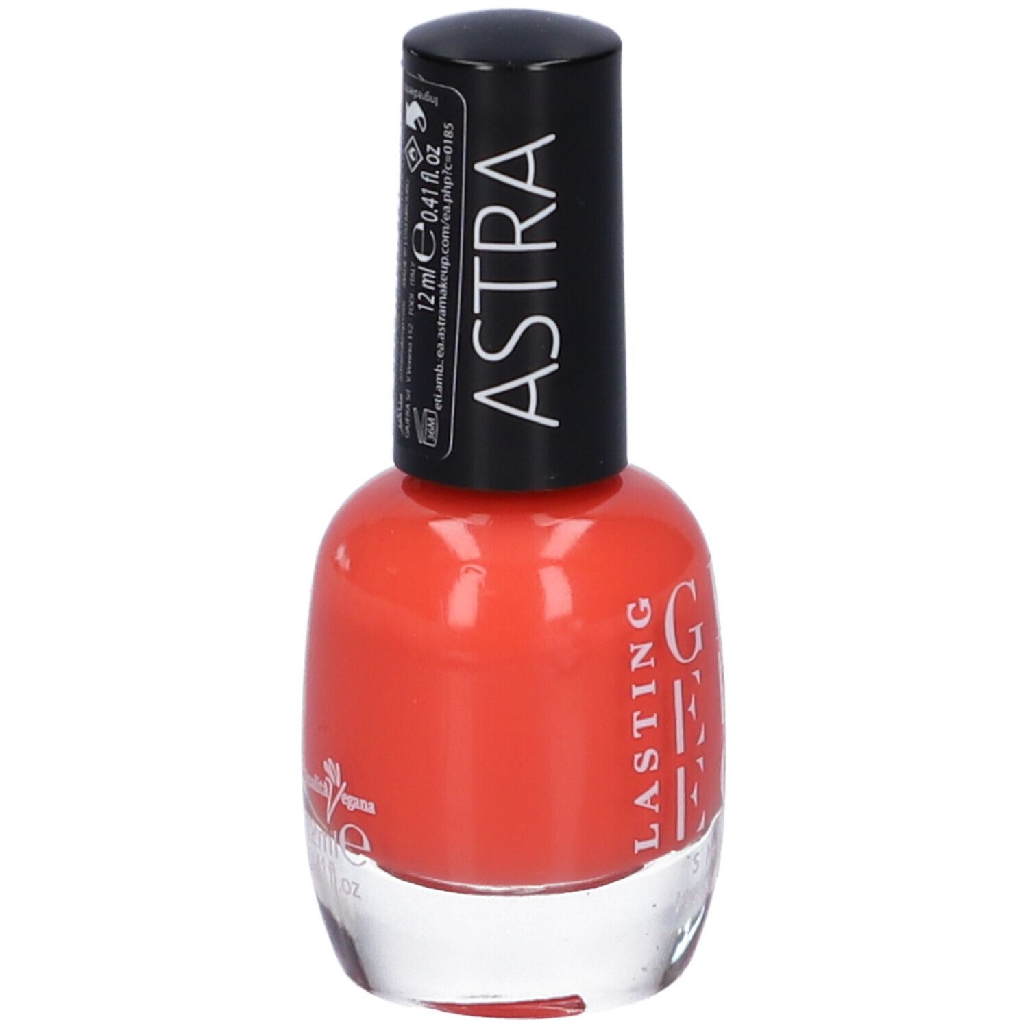 Flacone di smalto arancione. Tappo nero. Scritta: Lasting Gel Effect, Smalto Maxi Brush.
