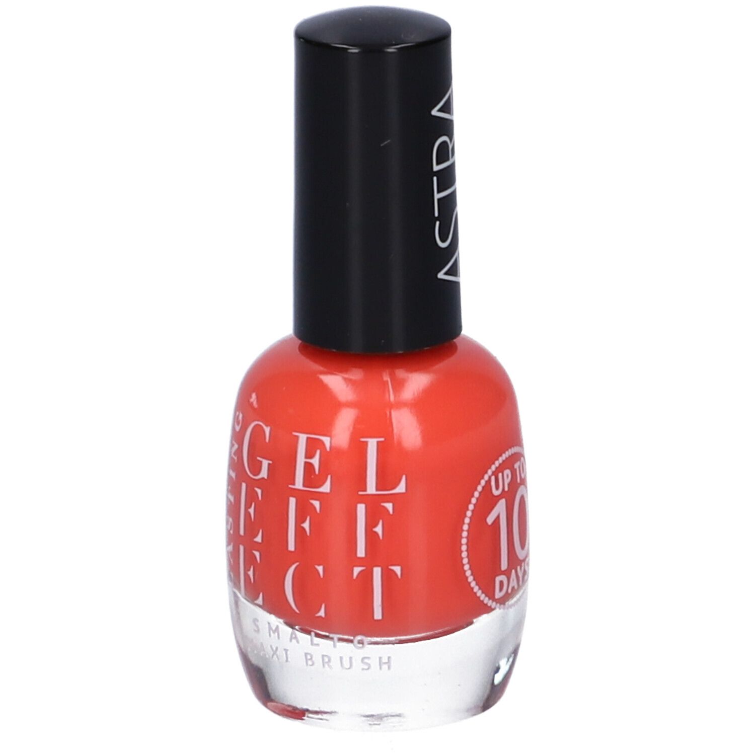 Flacone di smalto arancione. Tappo nero. Scritta: Lasting Gel Effect, Smalto Maxi Brush.