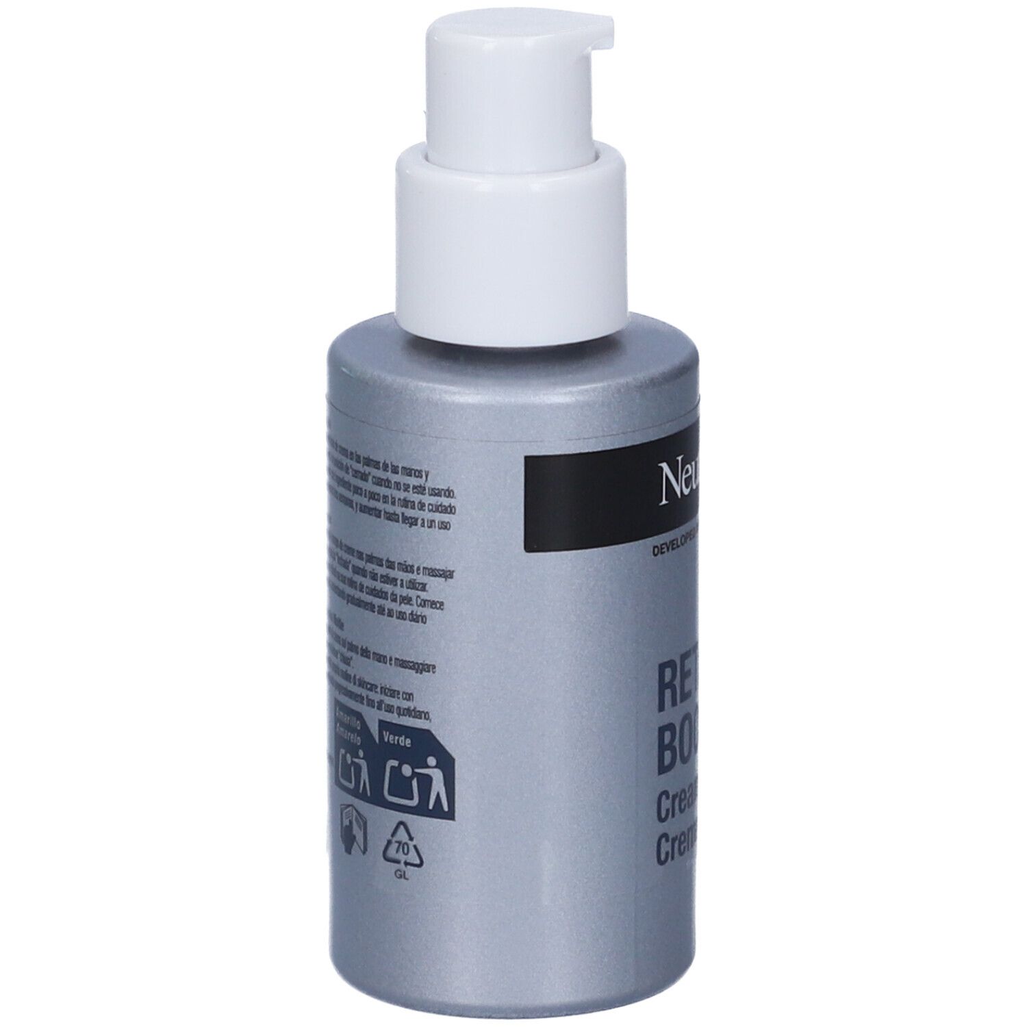 Rückseite der Neutrogena Retinol Boost Gesichtscreme-Flasche mit Anwendungshinweisen.