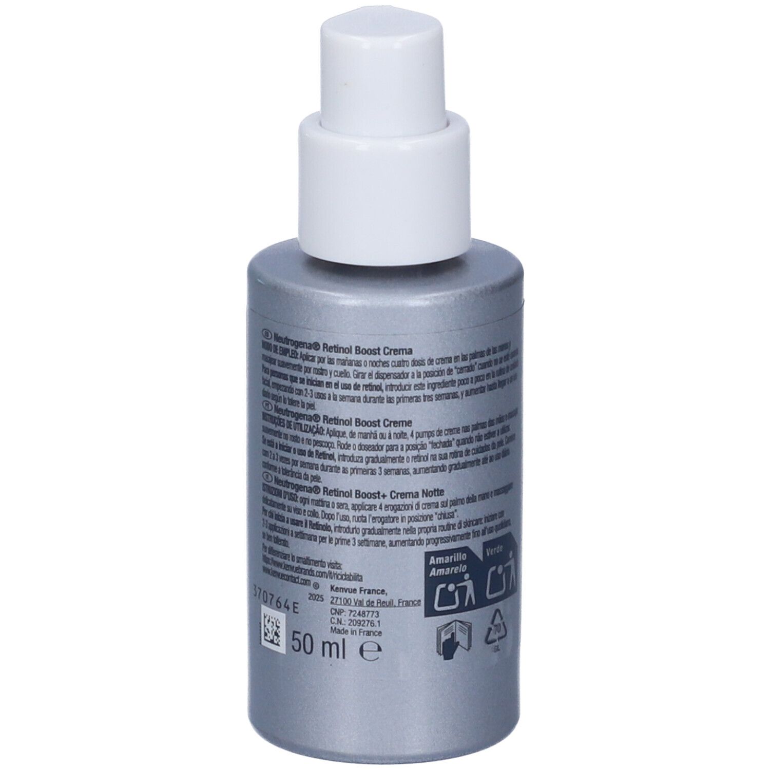 Rückseite der Neutrogena Retinol Boost Gesichtscreme-Flasche mit 50 ml Angabe.