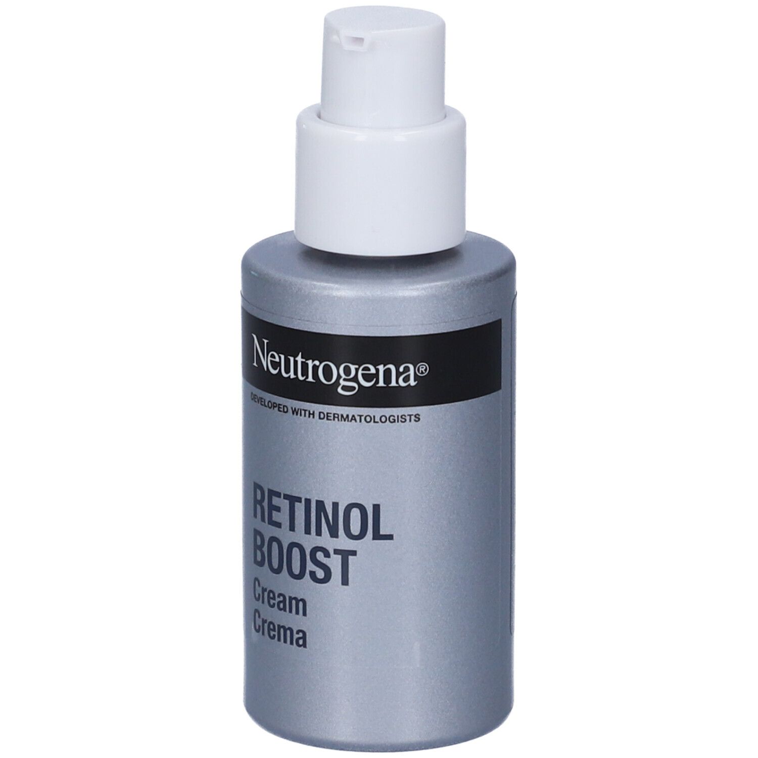 Neutrogena Retinol Boost Gesichtscreme in silberner Flasche mit Pumpspender.