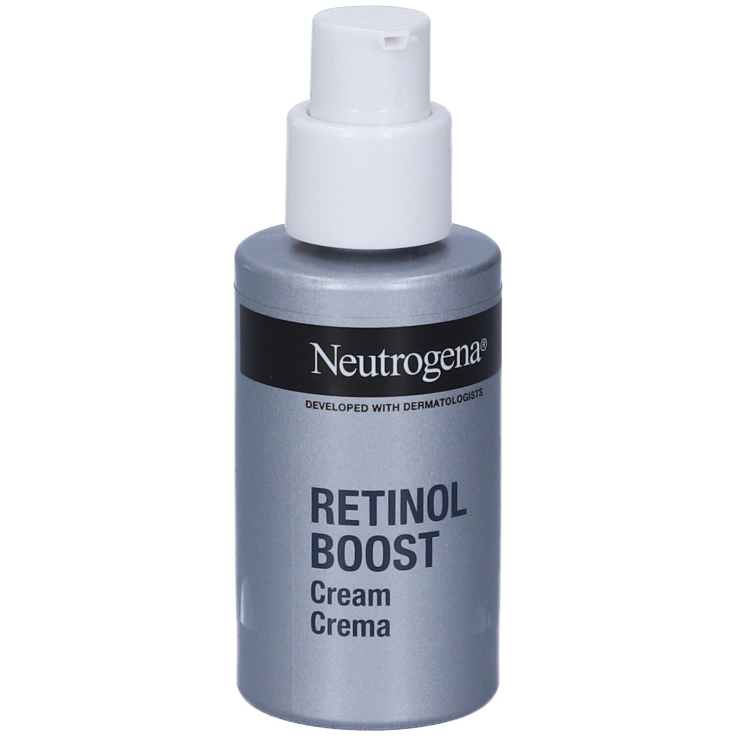 Neutrogena Retinol Boost Gesichtscreme in silberner Flasche mit Pumpspender.