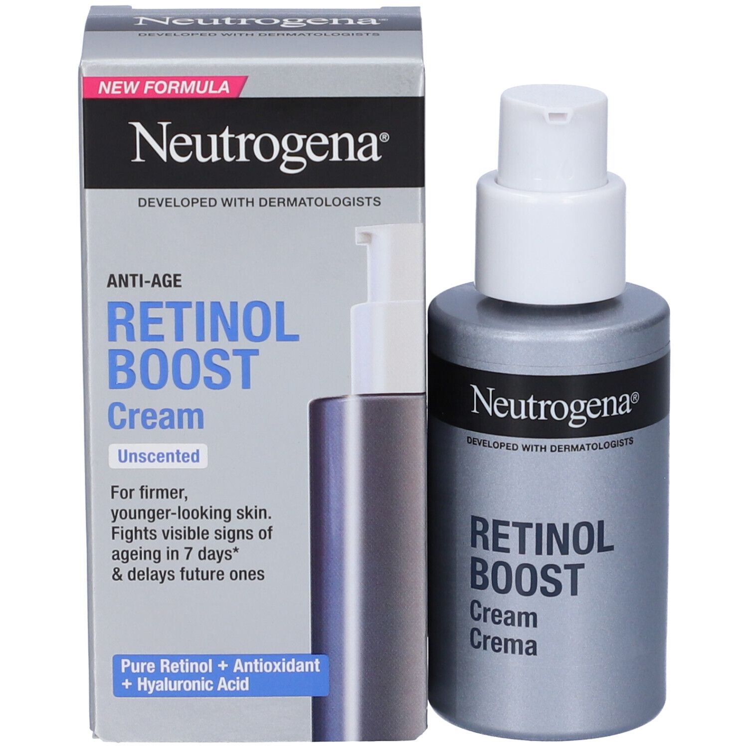 Neutrogena Retinol Boost Gesichtscreme und Umverpackung mit Produktinformationen.