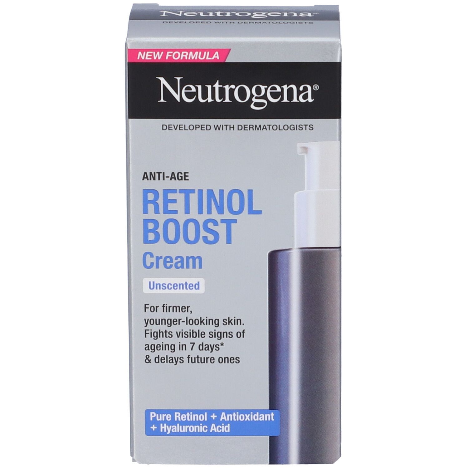 Umverpackung der Neutrogena Retinol Boost Gesichtscreme mit Hinweisen zu Inhaltsstoffen.