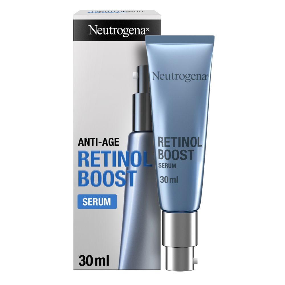 Neutrogena Retinol Boost Serum und Verpackung. Blaue Tube mit silbernem Verschluss und weißer Schachtel.