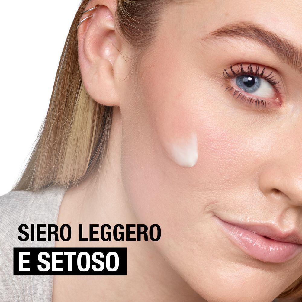 Frau mit Serum auf der Haut. Text: Leichtes und seidiges Serum. Hautpflegeprodukt.