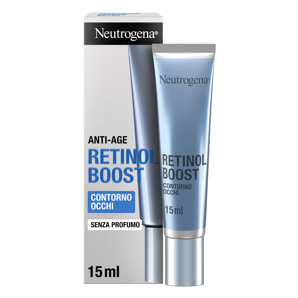 Tubo di crema contorno occhi Neutrogena Retinol Boost e confezione. Informazioni sul prodotto e logo visibili.