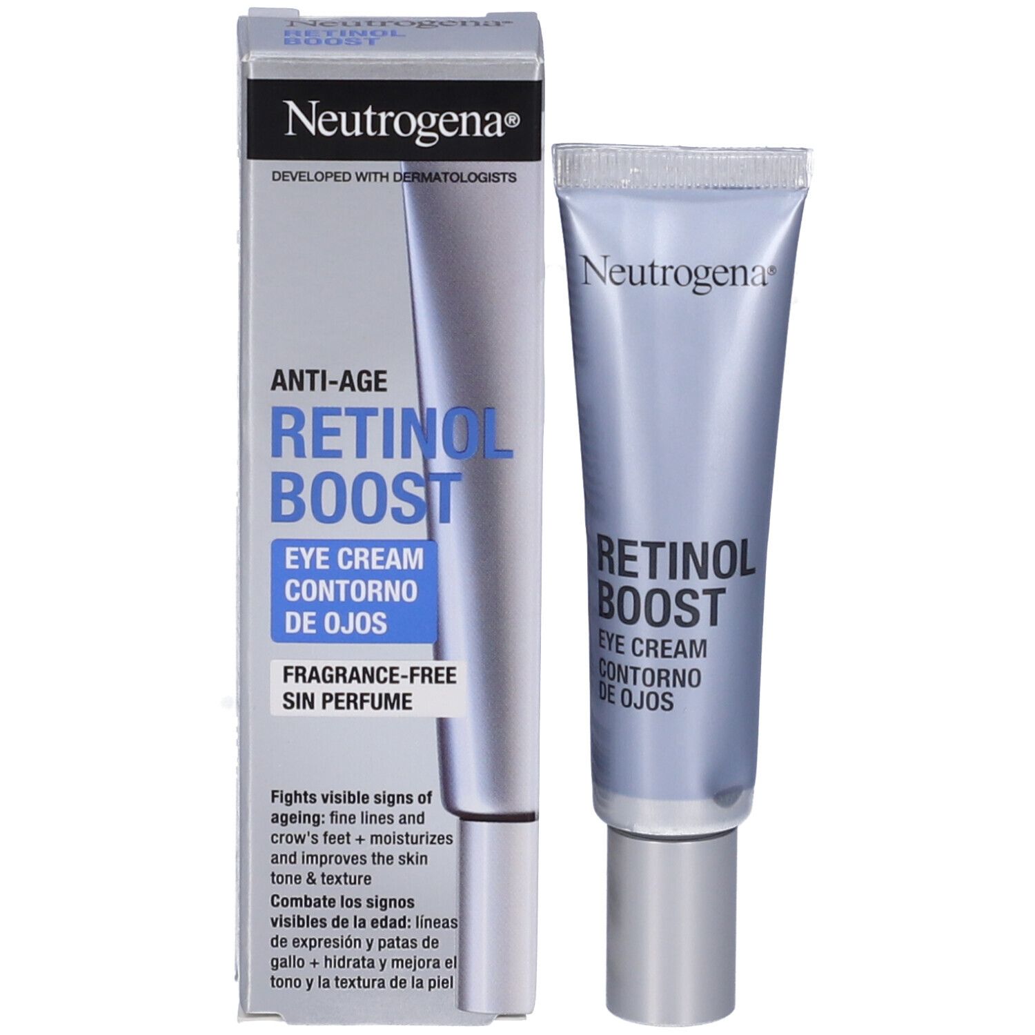 Crema contorno occhi Neutrogena Retinol Boost e confezione. Informazioni sul prodotto e logo.