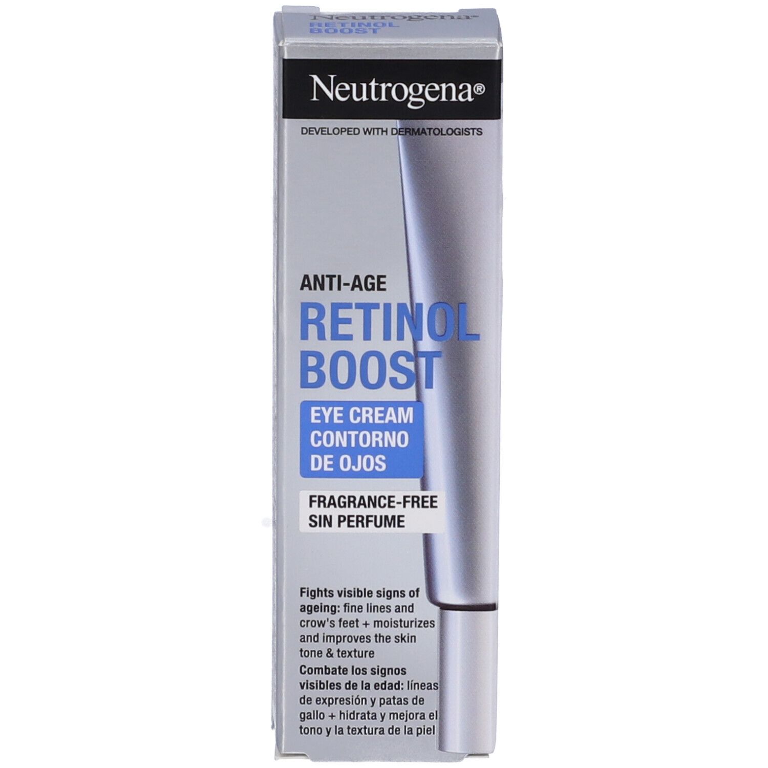 Confezione della crema contorno occhi Neutrogena Retinol Boost. Informazioni e testo.