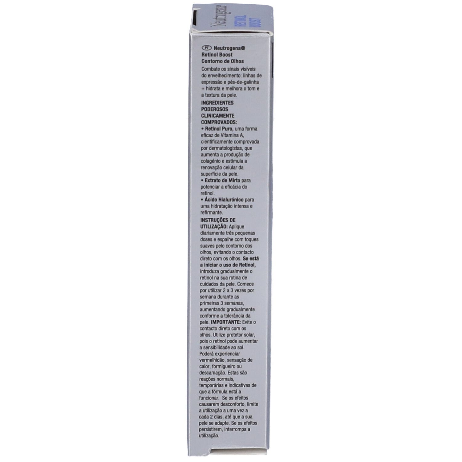Retro della confezione della crema contorno occhi Neutrogena Retinol Boost. Informazioni.