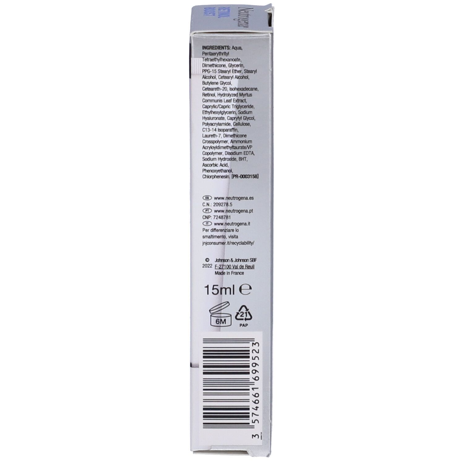 Retro della confezione della crema contorno occhi Neutrogena Retinol Boost. Ingredienti e codice a barre.