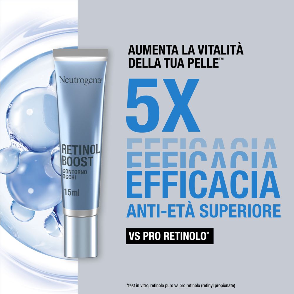 Crema contorno occhi Neutrogena Retinol Boost. Testo '5X efficacia' e 'Anti-età'. Sfondo con bolle d'acqua.