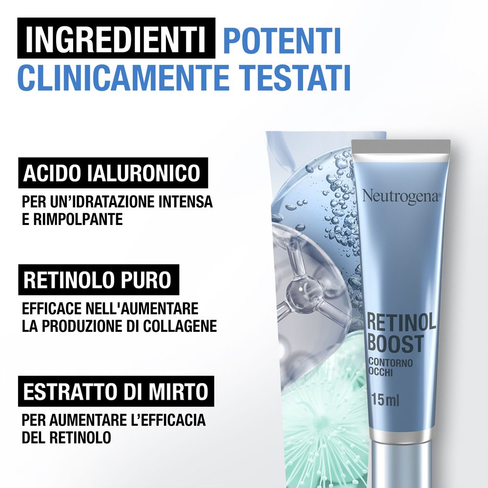 Crema contorno occhi Neutrogena Retinol Boost. Testo: 'Ingredienti clinicamente testati'. Informazioni sul prodotto.