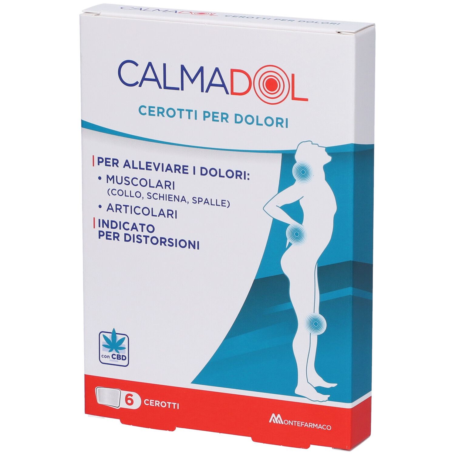 Confezione di Calmadol Cerotti per Dolori. Contiene 6 cerotti. Scritta: 'Per alleviare i dolori'.