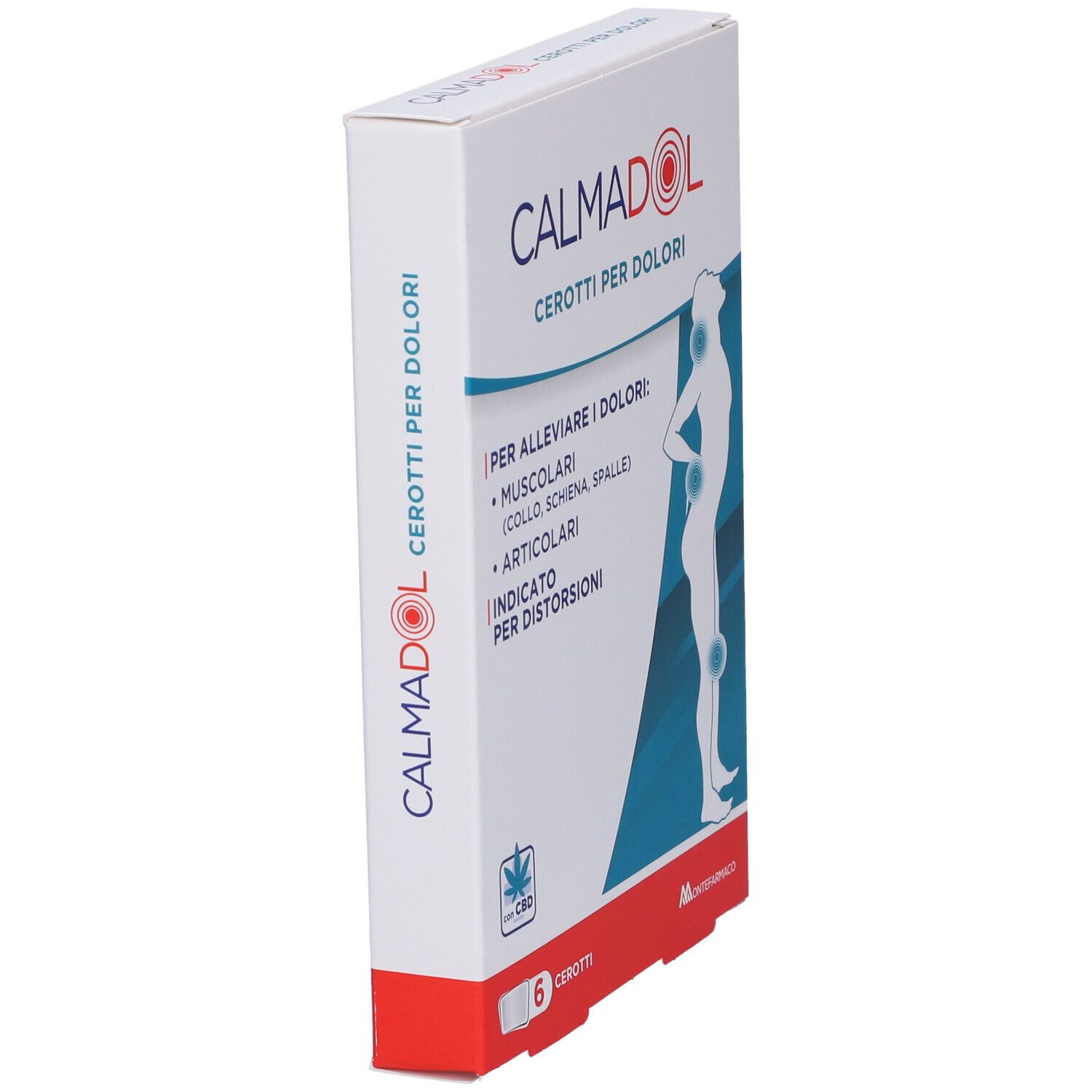 Confezione di Calmadol Cerotti per Dolori. Contiene 6 cerotti. Scritta: 'Per alleviare i dolori'.
