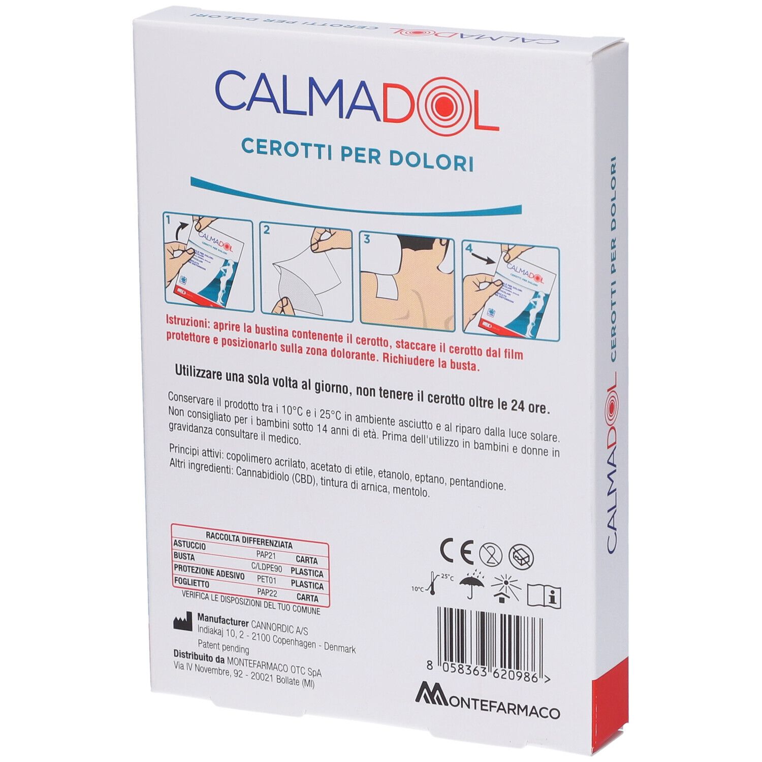 Retro della confezione Calmadol Cerotti per Dolori. Contiene istruzioni e ingredienti.