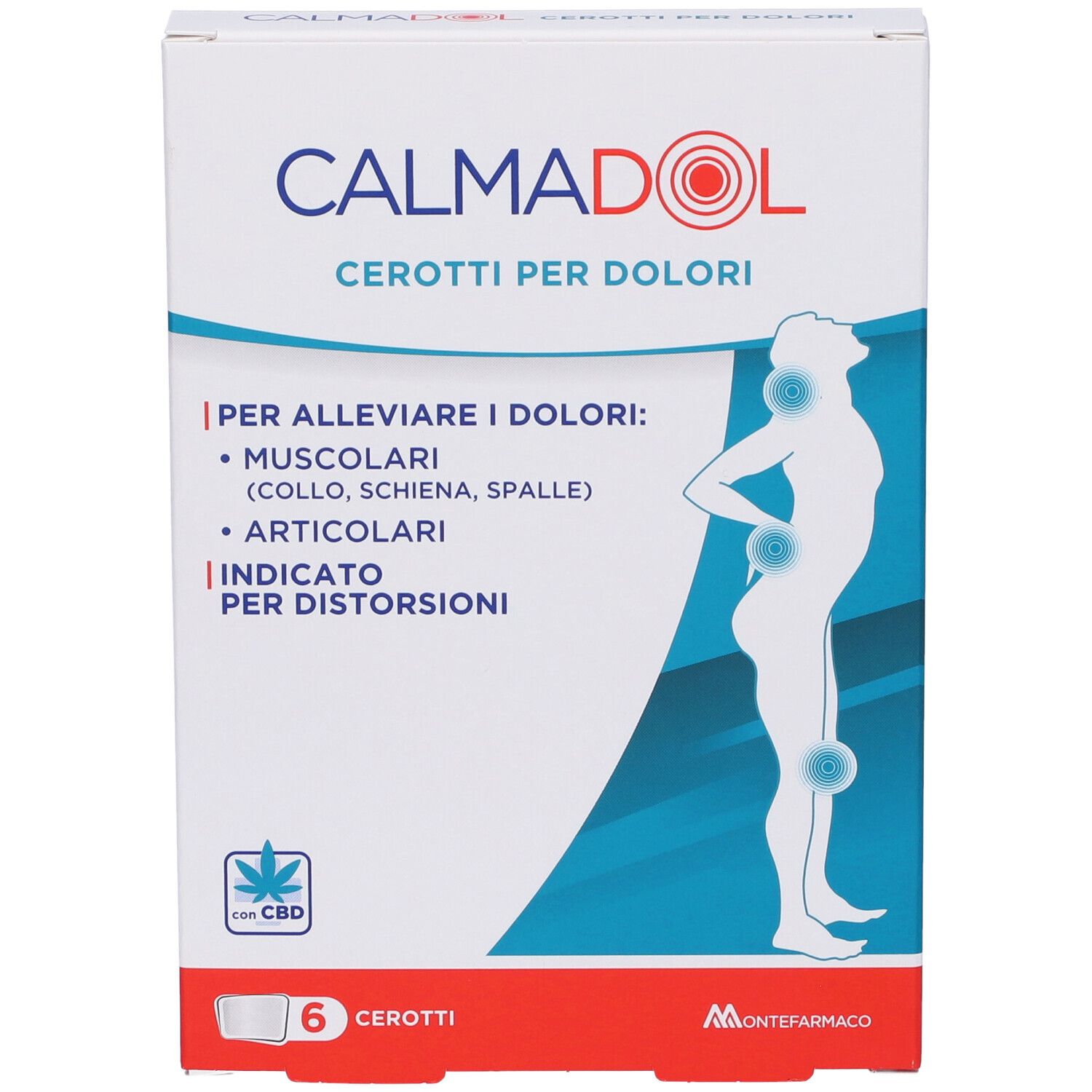 Confezione di Calmadol Cerotti per Dolori. Contiene 6 cerotti. Scritta: 'Per alleviare i dolori'.