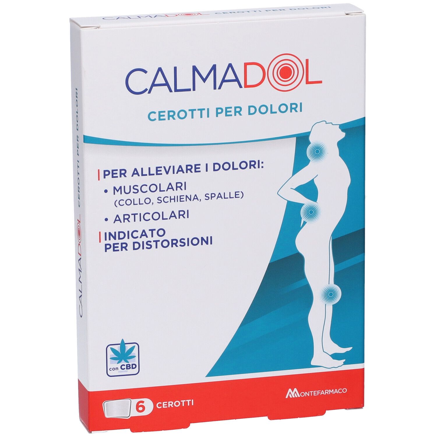 Confezione di Calmadol Cerotti per Dolori. Contiene 6 cerotti. Scritta: 'Per alleviare i dolori'.