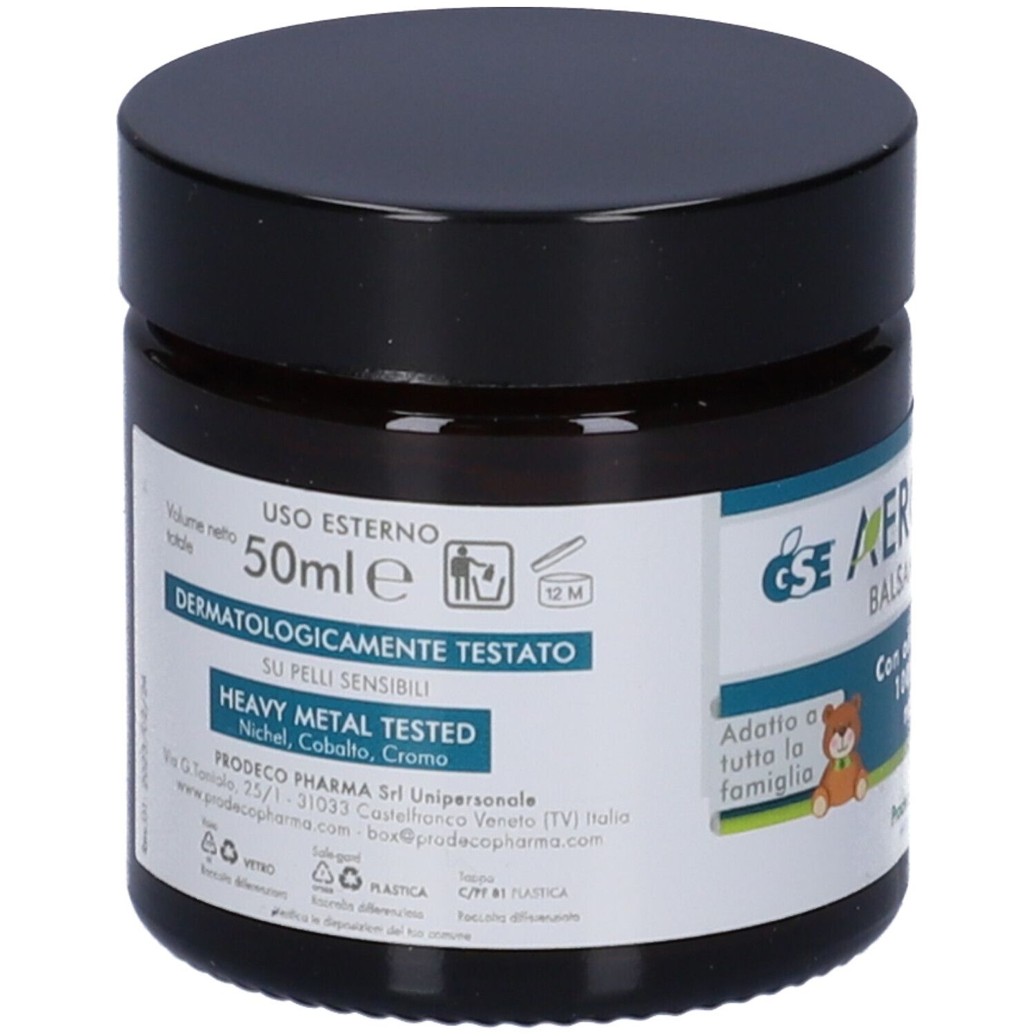 Dunkelbraunes Glas mit schwarzem Deckel. Aufschrift: GSE Aerobiotic Balsamic Cream. Dermatologisch getestet. 50 ml.
