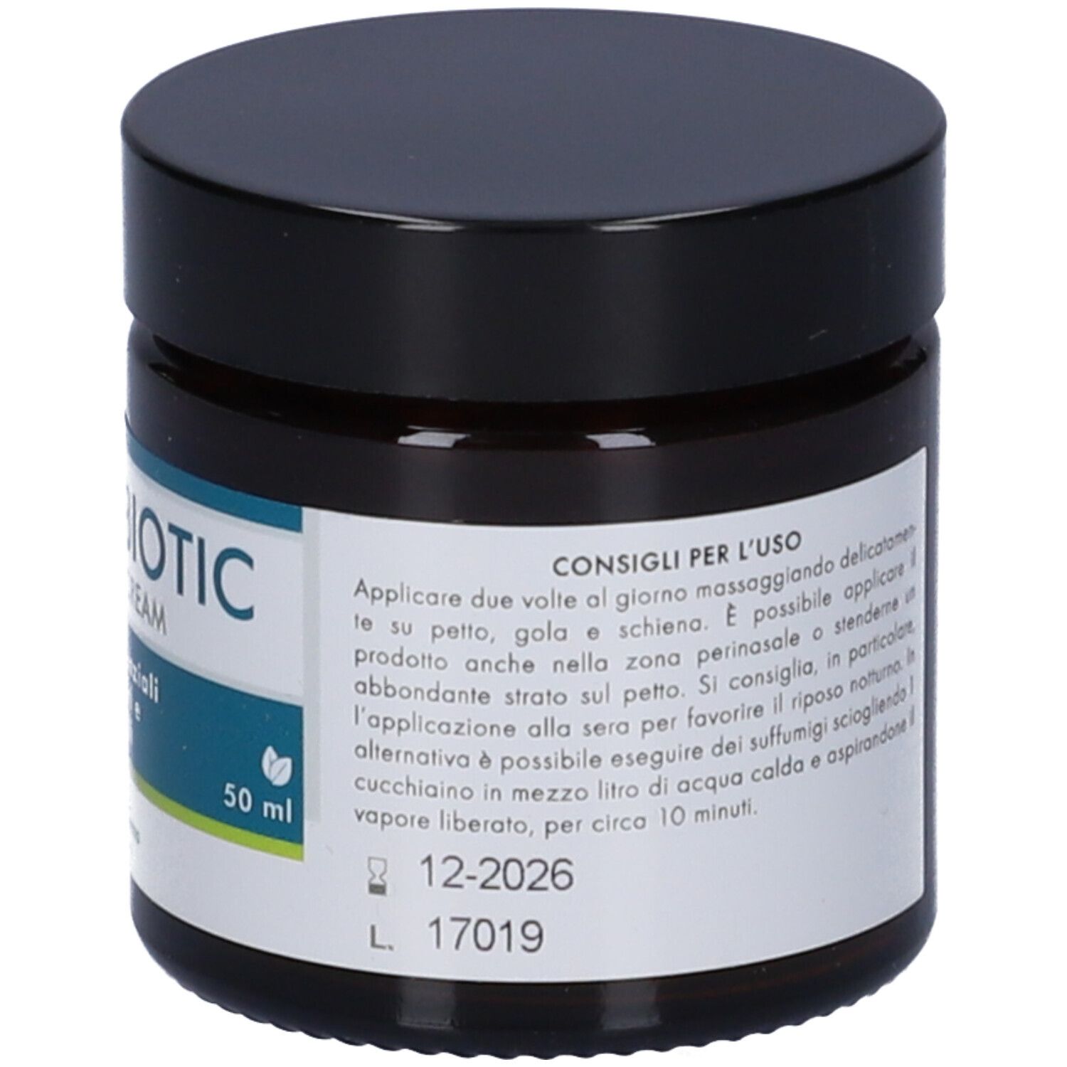 Dunkelbraunes Glas mit schwarzem Deckel. Aufschrift: GSE Aerobiotic Balsamic Cream. Text mit Anwendungshinweisen.