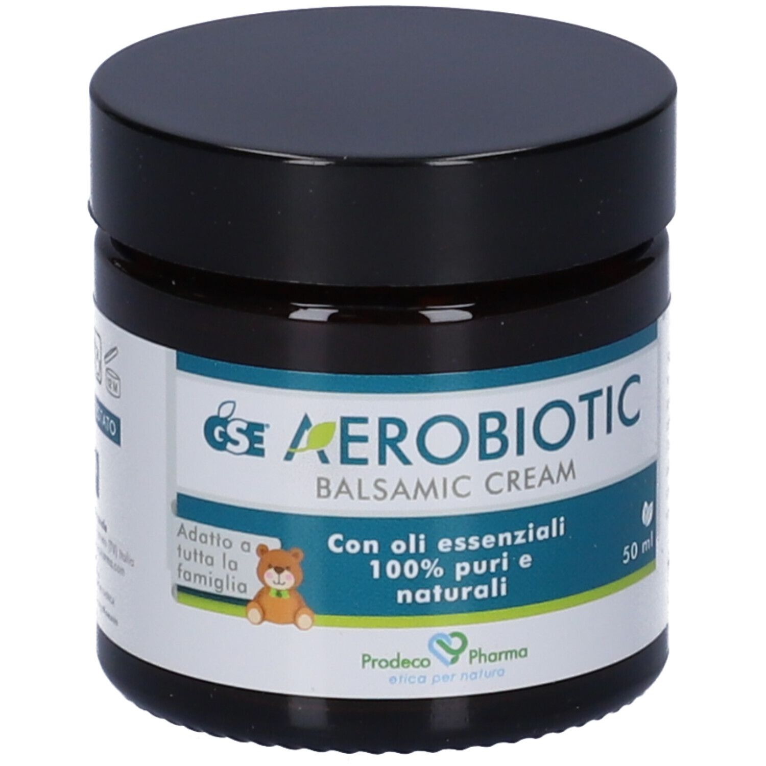 Dunkelbraunes Glas mit schwarzem Deckel. Aufschrift: GSE Aerobiotic Balsamic Cream. Mit ätherischen Ölen. 50 ml.