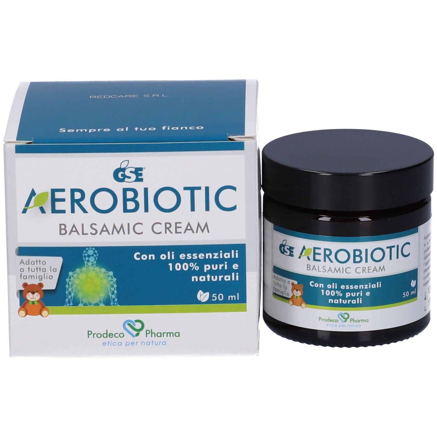 Produktverpackung und Dose. Aufschrift: GSE Aerobiotic Balsamic Cream. Mit ätherischen Ölen. 50 ml. Weiße Verpackung.