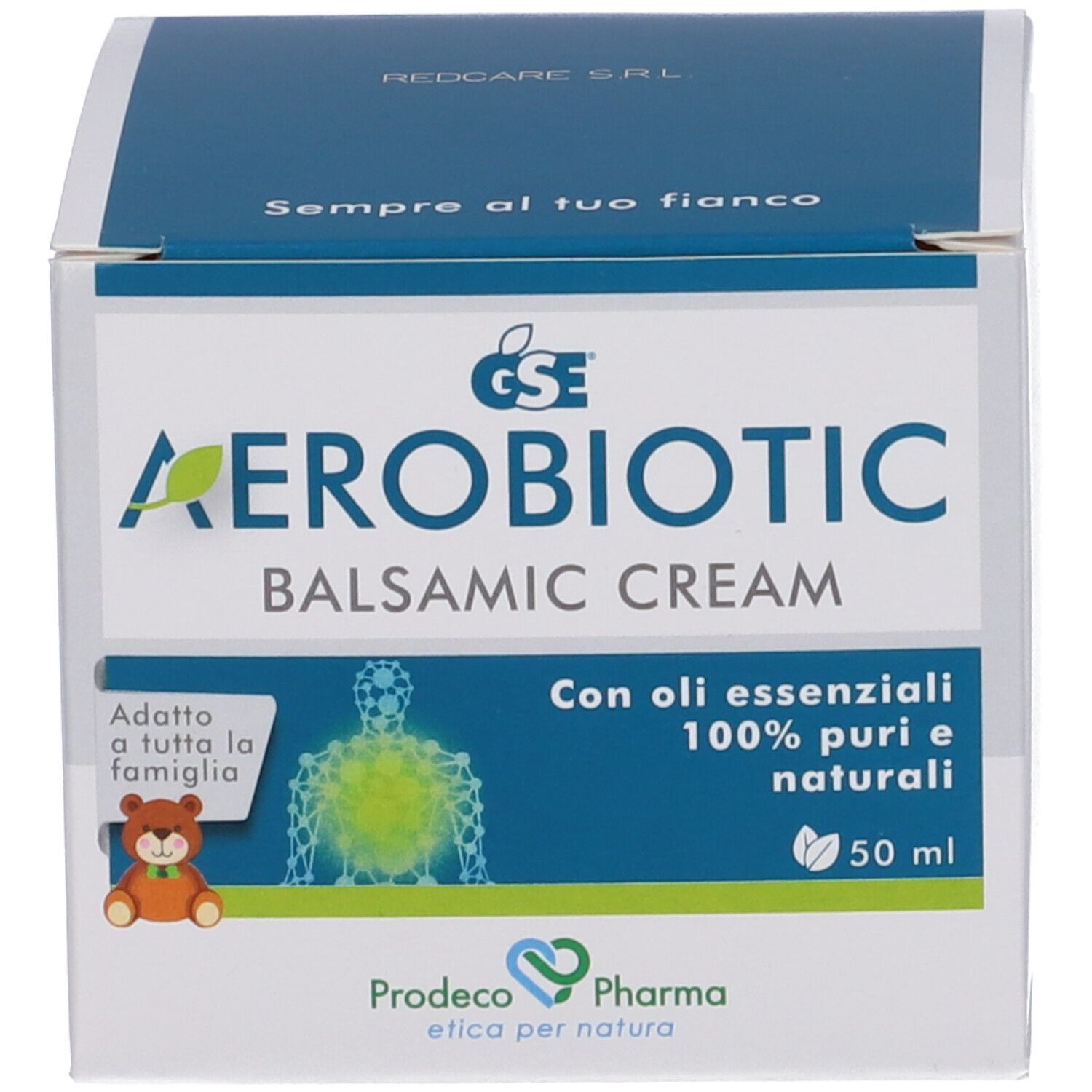 Weiße Produktverpackung. Aufschrift: GSE Aerobiotic Balsamic Cream. Mit ätherischen Ölen. 50 ml. Abbildung eines Körpers.