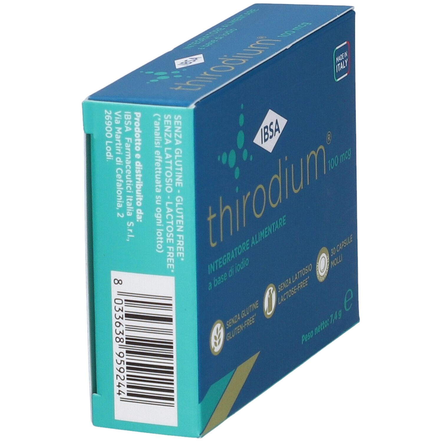 Packung Thirodium 100 mcg, 30 Weichkapseln, Nahrungsergänzungsmittel auf Jodbasis, gluten- und laktosefrei.