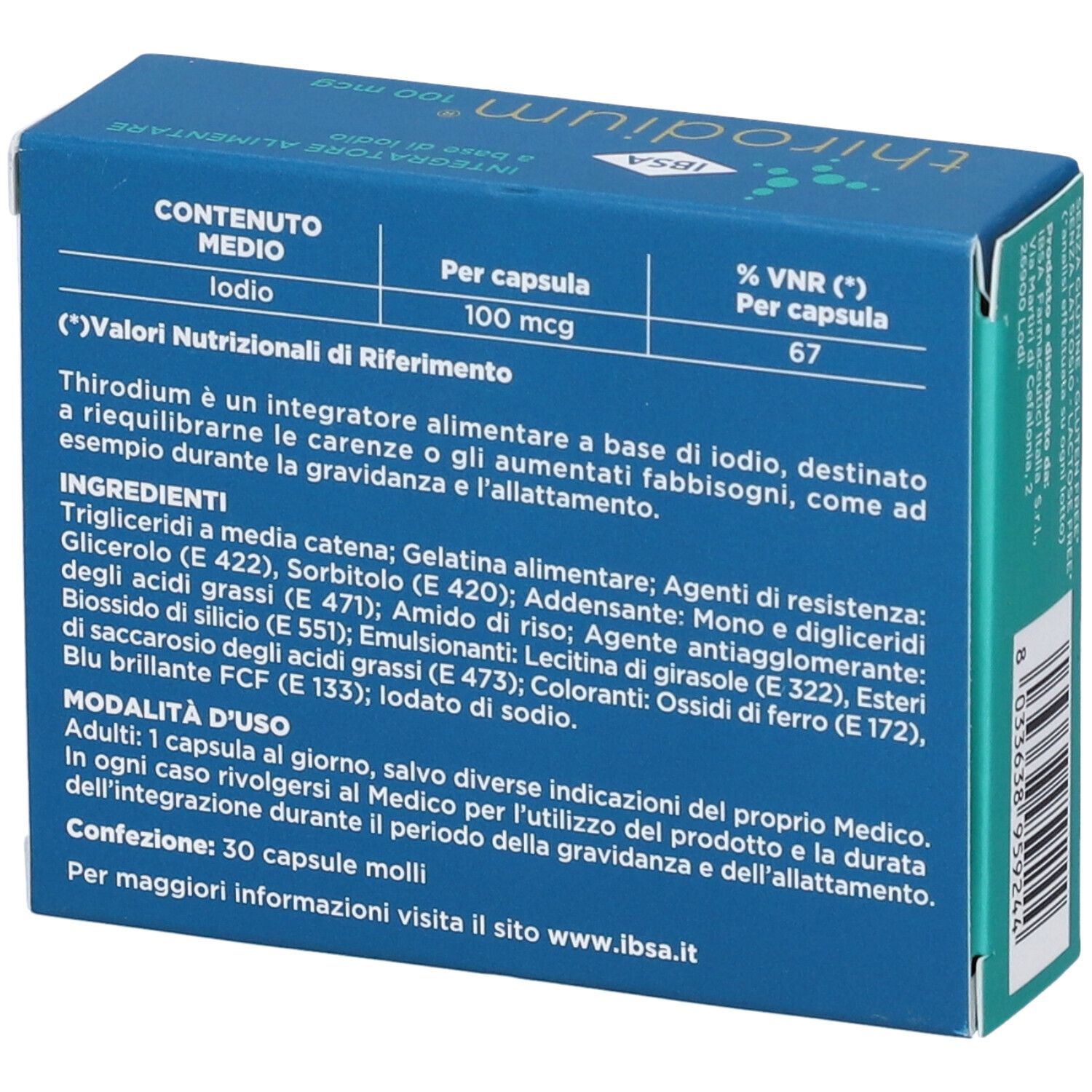 Packung Thirodium 100 mcg, 30 Weichkapseln, Nahrungsergänzungsmittel auf Jodbasis, gluten- und laktosefrei.
