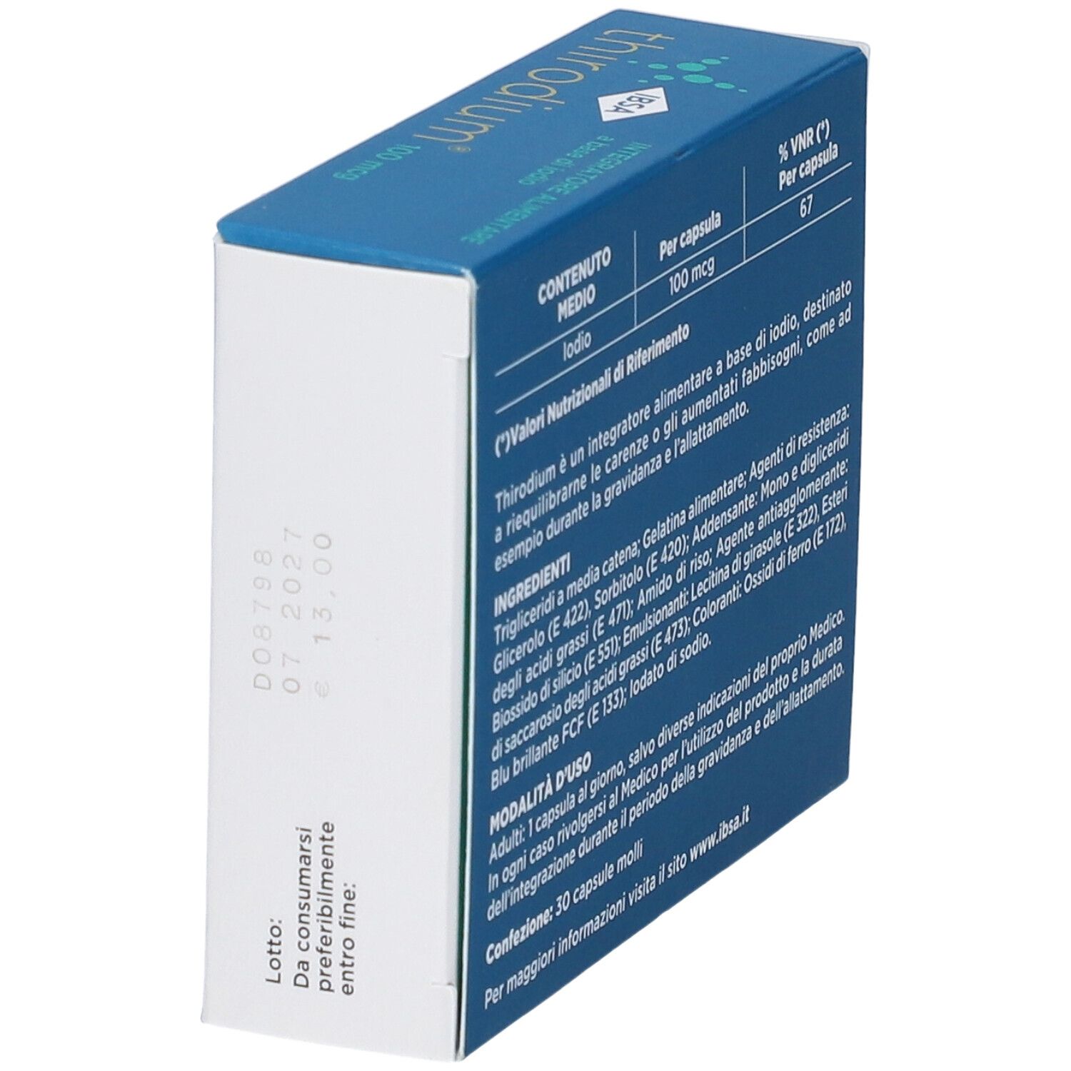 Packung Thirodium 100 mcg, 30 Weichkapseln, Nahrungsergänzungsmittel auf Jodbasis, gluten- und laktosefrei.