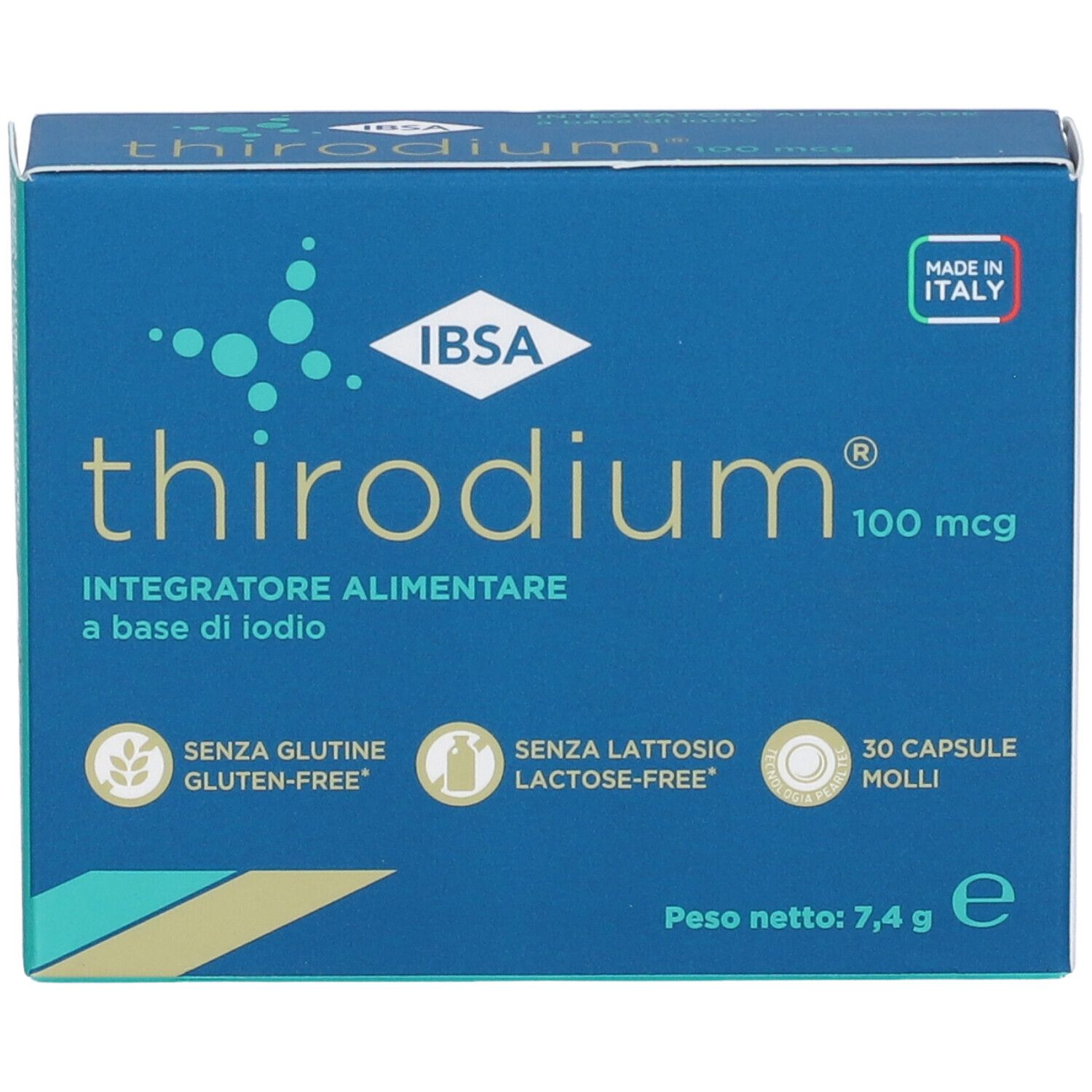 Packung Thirodium 100 mcg, 30 Weichkapseln, Nahrungsergänzungsmittel auf Jodbasis, gluten- und laktosefrei.