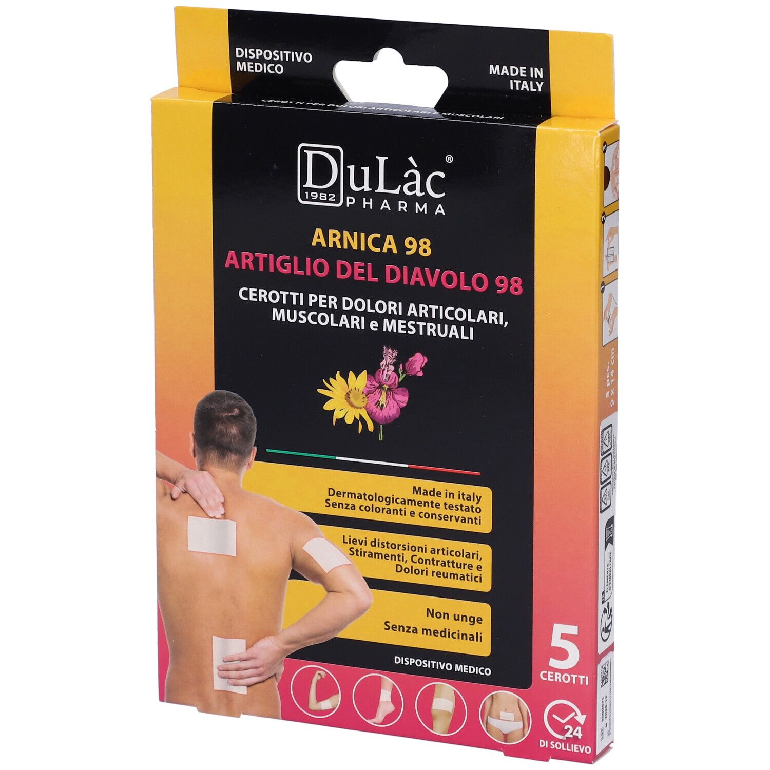 Confezione di cerotti Dulàc Arnica 98. 5 cerotti. Dispositivo medico. Uomo con cerotti sulla schiena e sul braccio.