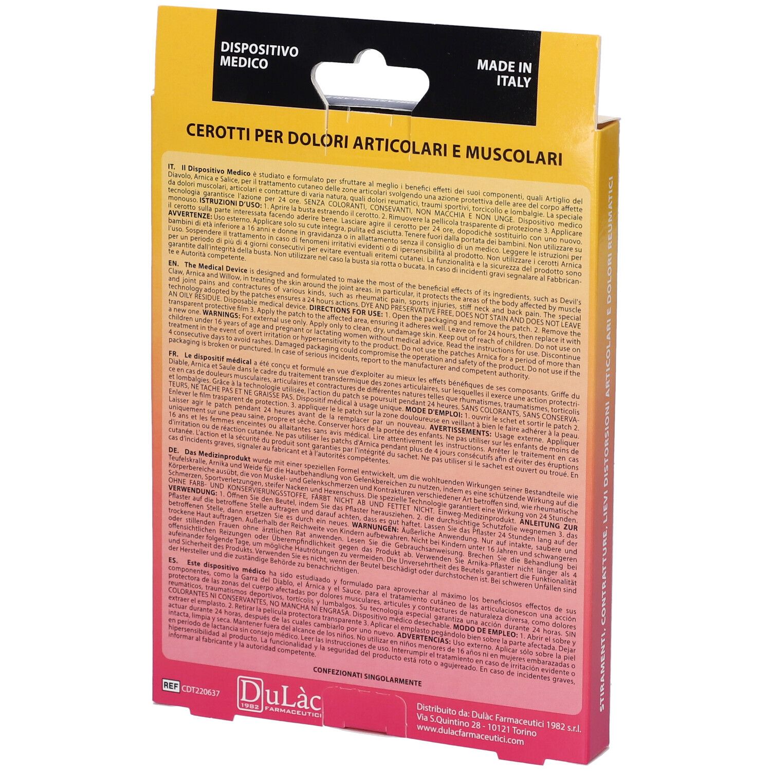 Retro della confezione con testo. Scritta: Cerotti per dolori articolari e muscolari. Dispositivo medico. Made in Italy.