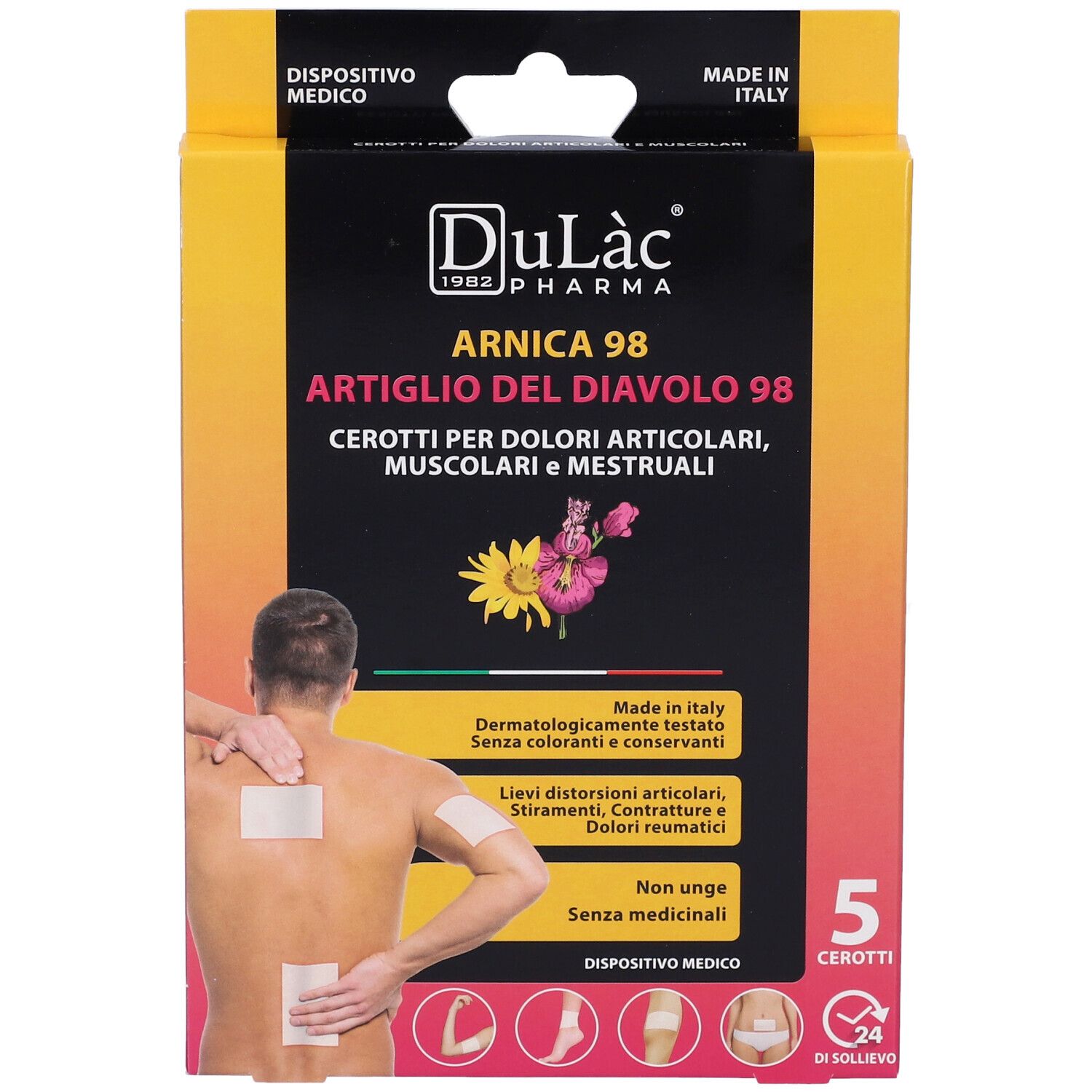 Confezione di cerotti Dulàc Arnica 98. 5 cerotti. Dispositivo medico. Uomo con cerotti sulla schiena e sul braccio.