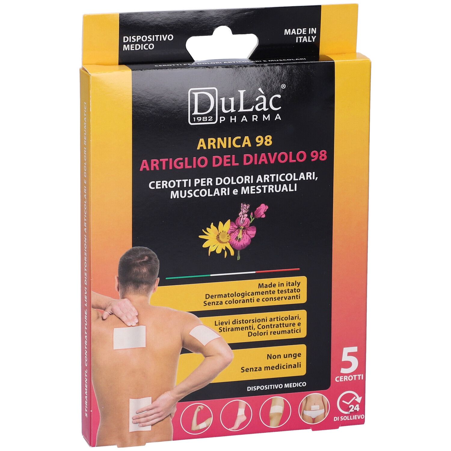 Confezione di cerotti Dulàc Arnica 98. 5 cerotti. Dispositivo medico. Uomo con cerotti sulla schiena e sul braccio.