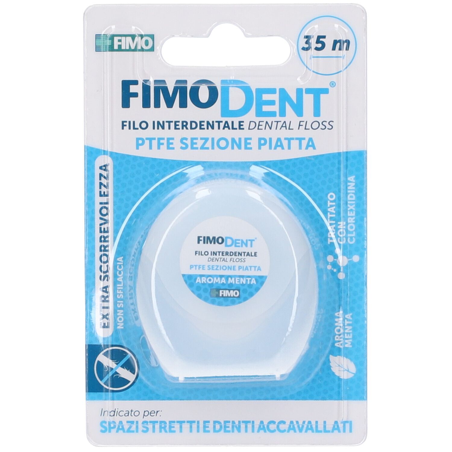 FimoDent Zahnseide, flach, 35m, Minzgeschmack, mit Chlorhexidin.