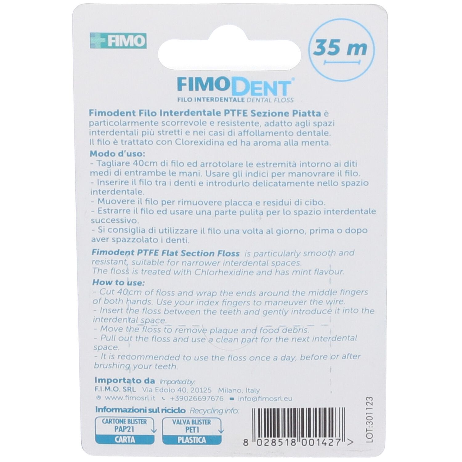 Fimodent Zahnseide, 35m, flach, mit Chlorhexidin und Minzgeschmack.
