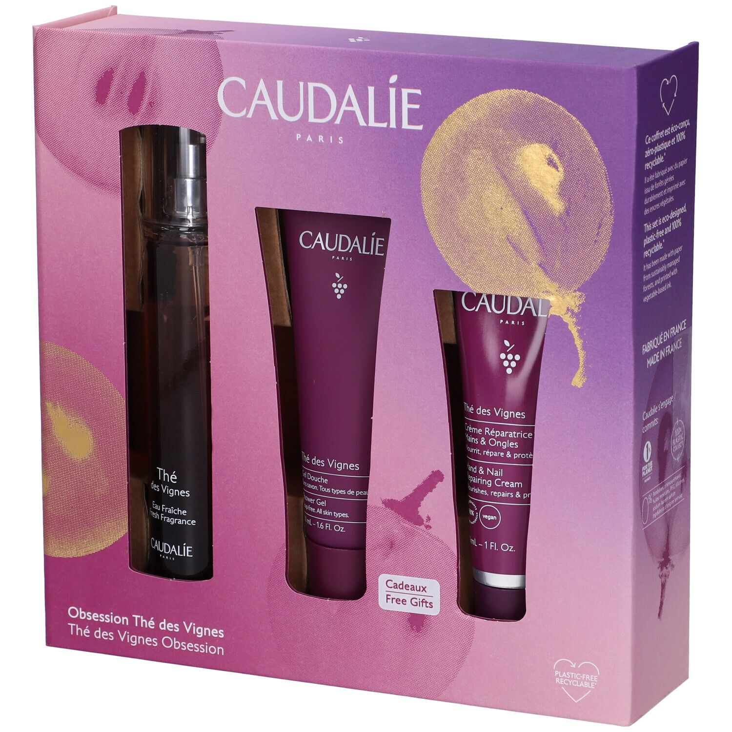 Cofanetto regalo Caudalie. Contiene flacone, gel doccia e crema mani. Confezione viola con logo e nomi dei prodotti.
