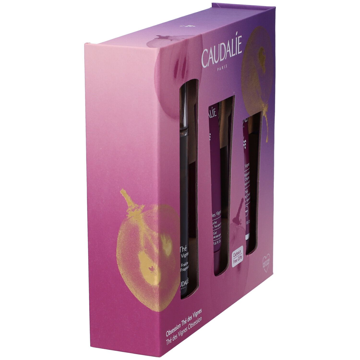 Cofanetto regalo Caudalie Thé des Vignes. Confezione viola con tre prodotti. Vista laterale con logo e nomi dei prodotti.