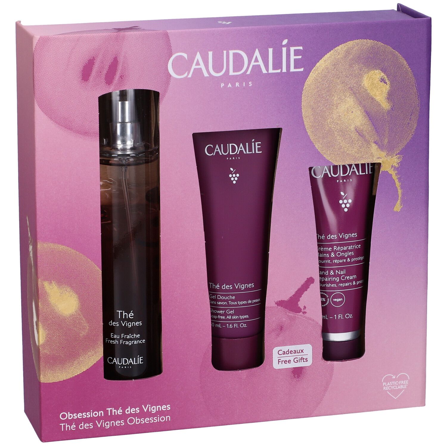 Cofanetto regalo con flacone, gel doccia e crema mani. Confezione viola con logo Caudalie e nomi. Confezione regalo.