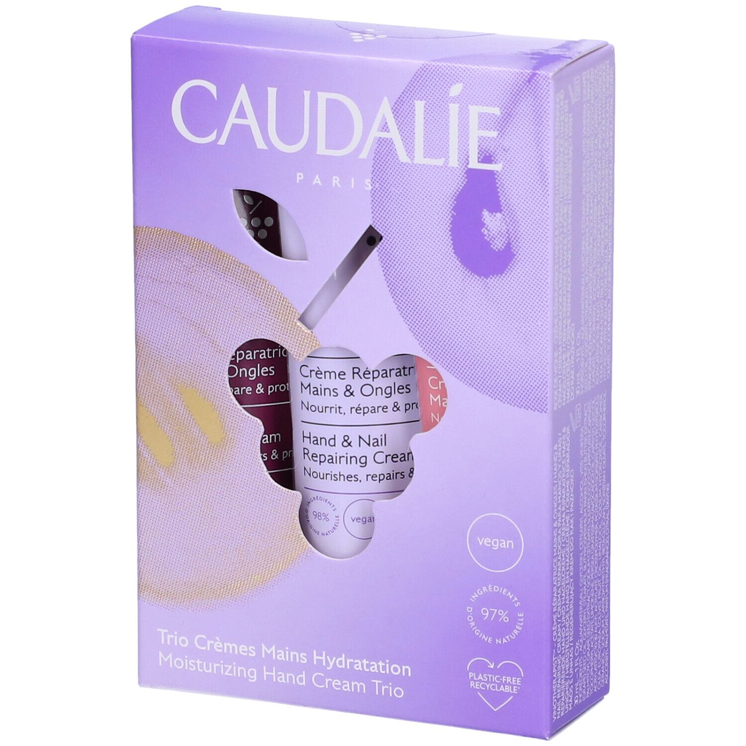 Confezione con tre creme mani. Logo Caudalie, nome prodotto, sigillo vegano, 97% ingredienti di origine naturale.